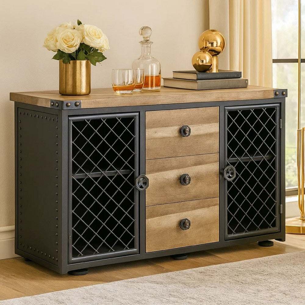 Ada 50 Inch Wood Sideboard Buffet Cabinet, 3 Drawer, Mesh Doors, Nailhead, Oak