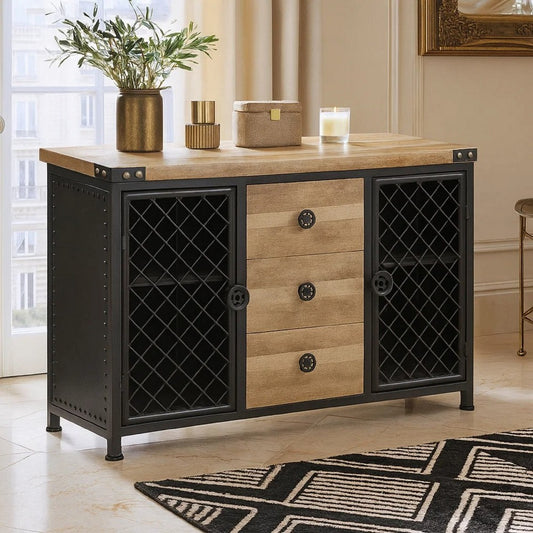 Ada 50 Inch Wood Sideboard Buffet Cabinet, 3 Drawer, Mesh Doors, Nailhead, Oak