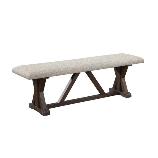 60 Inch Bench, Padded Cushion, X Shaped Trestle Base, Gray, Oak Brown