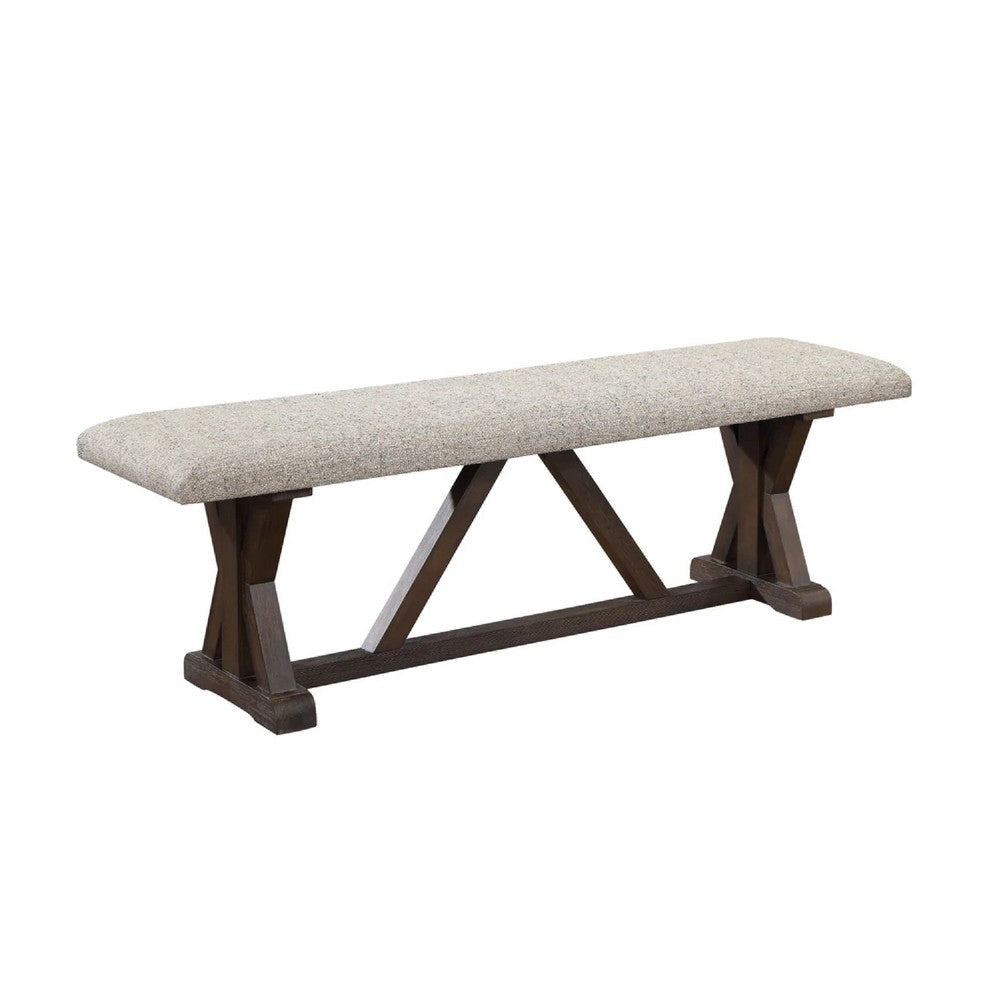 60 Inch Bench, Padded Cushion, X Shaped Trestle Base, Gray, Oak Brown