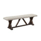 60 Inch Bench, Padded Cushion, X Shaped Trestle Base, Gray, Oak Brown