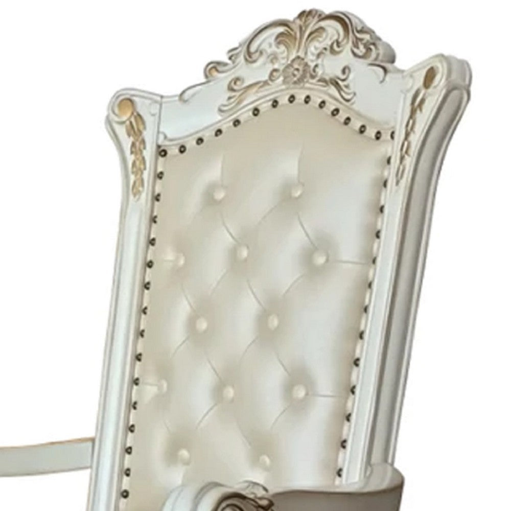 27 Inch Classic Vegan Leather Armchair Button Tufted Carved White BM275731