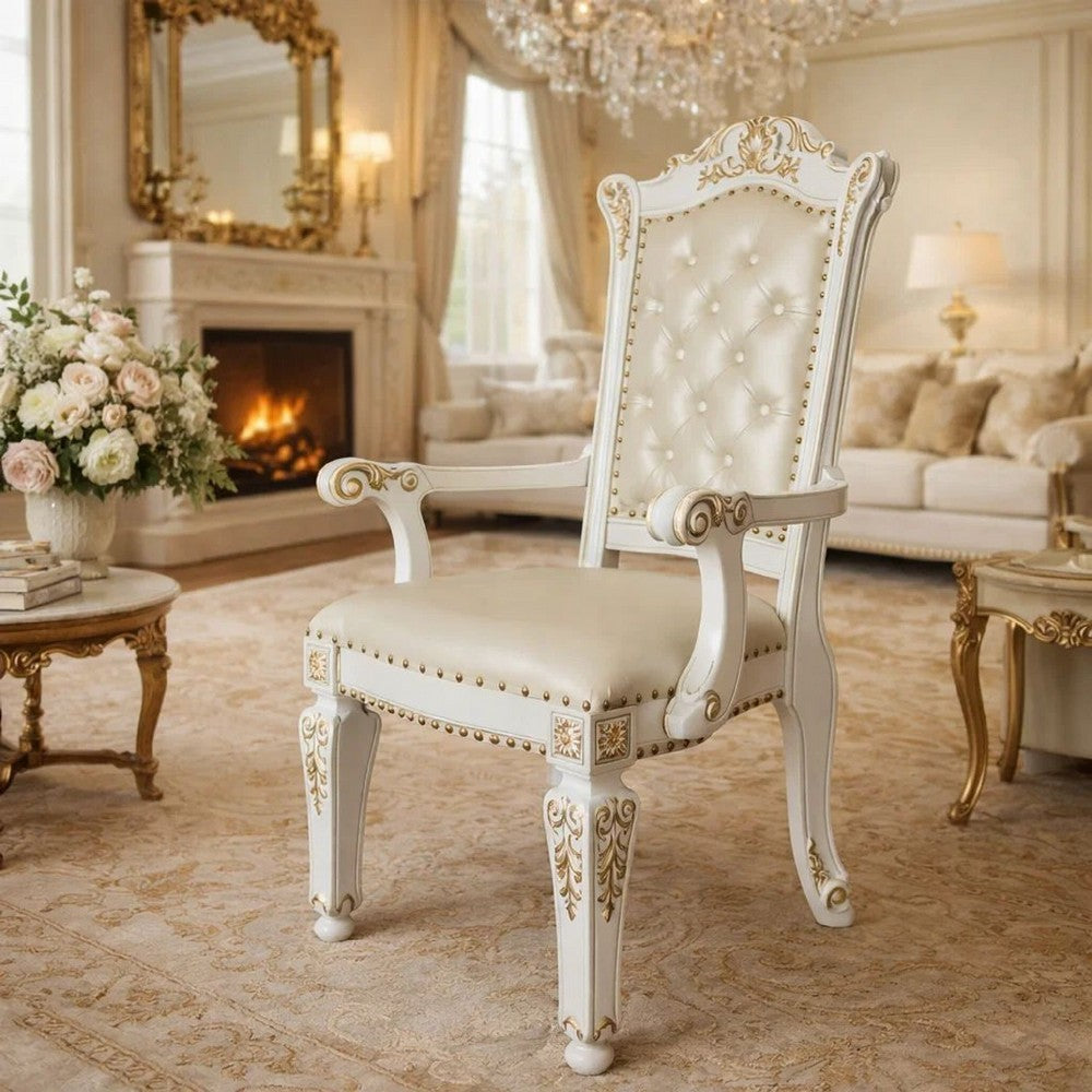 27 Inch Classic Vegan Leather Armchair, Button Tufted, Carved, White