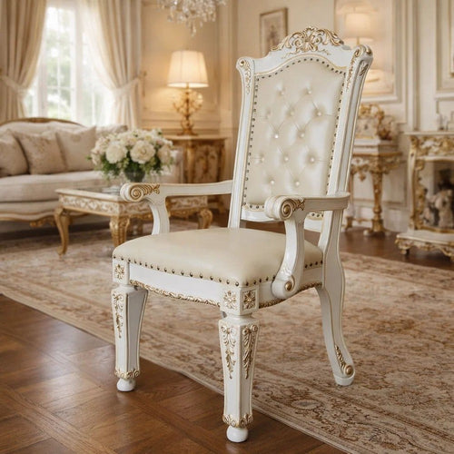 27 Inch Classic Vegan Leather Armchair, Button Tufted, Carved, White