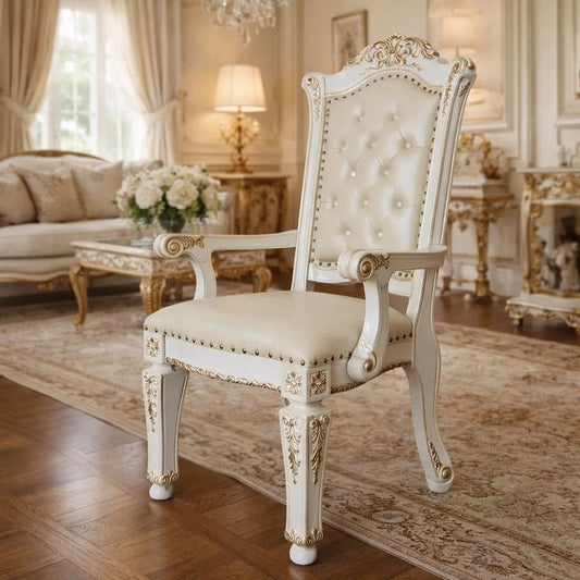 27 Inch Classic Vegan Leather Armchair, Button Tufted, Carved, White