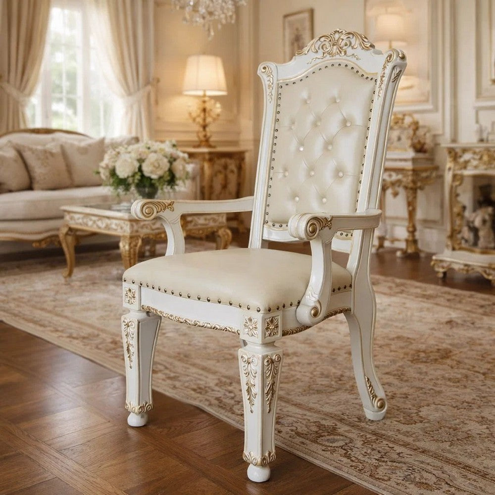 27 Inch Classic Vegan Leather Armchair, Button Tufted, Carved, White