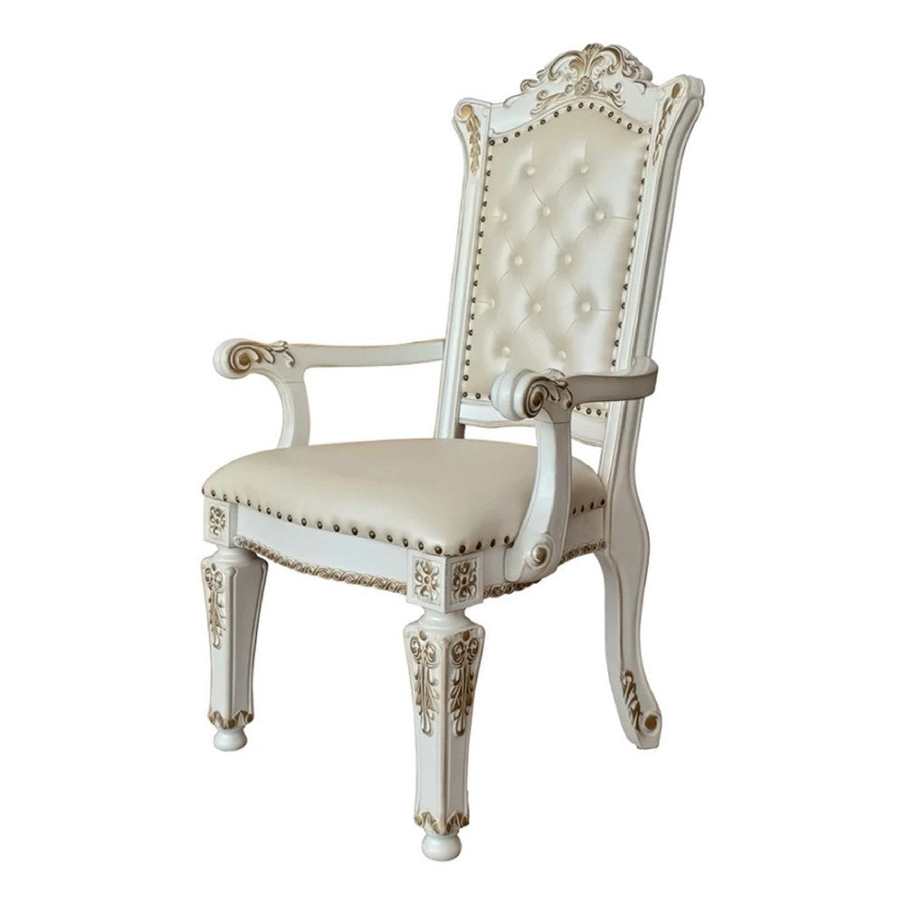27 Inch Classic Vegan Leather Armchair, Button Tufted, Carved, White