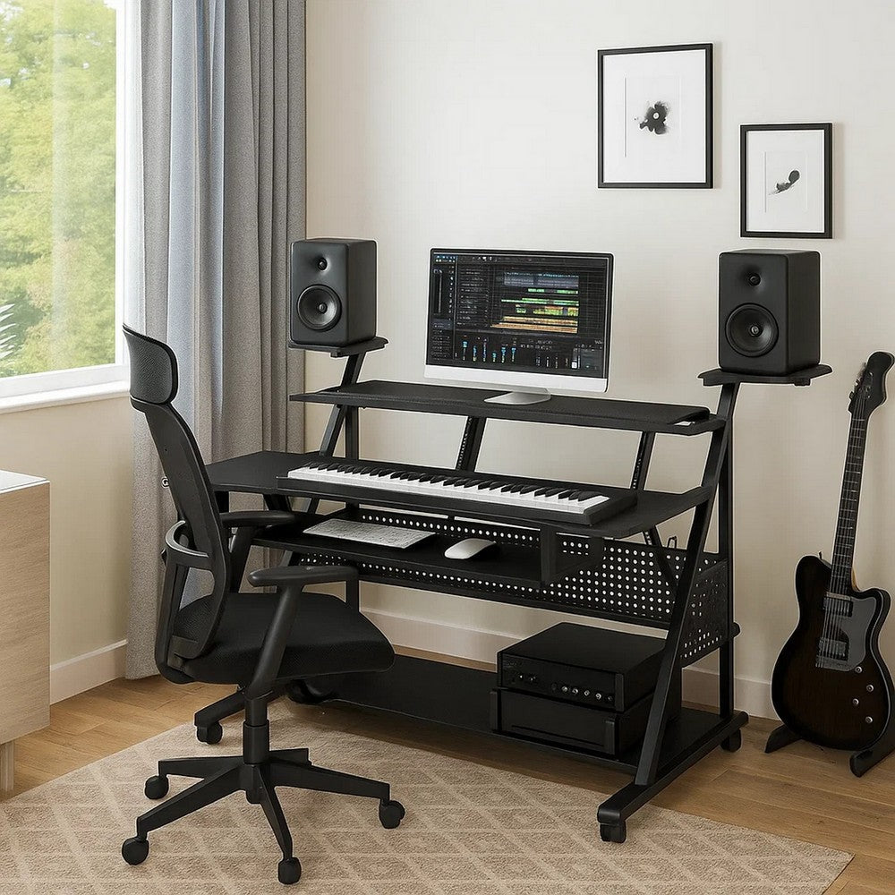 Gia Music Desk | 67" | Keyboard Tray | Shelves | Black