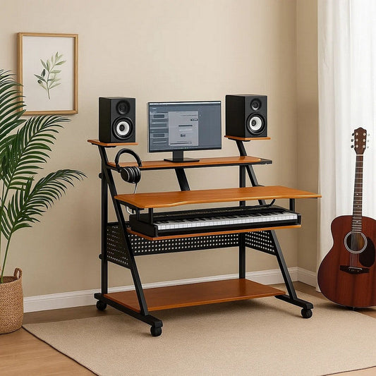 Gia Music Desk | 67" | Wood Studio Station | Keyboard Tray | Walnut