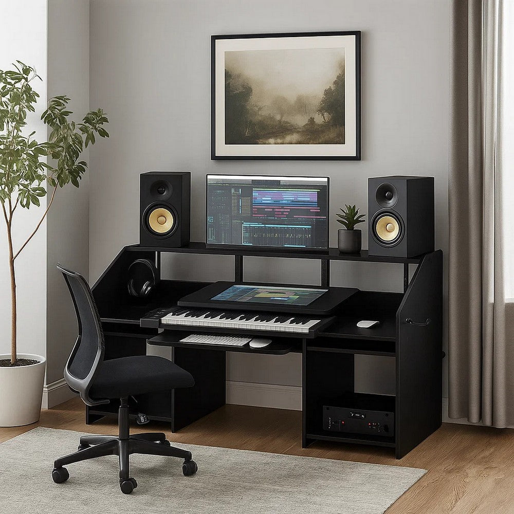 Music Studio Desk | 71" | Keyboard Tray | Monitor Shelf | Black