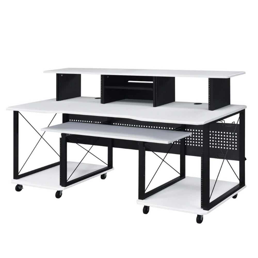 72 Inch Music Desk Workstation, Crossed Metal Panels, Keyboard Tray, White