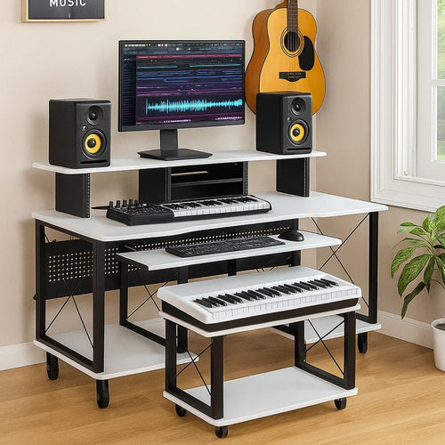 72 Inch Music Desk Workstation, Crossed Metal Panels, Keyboard Tray, White