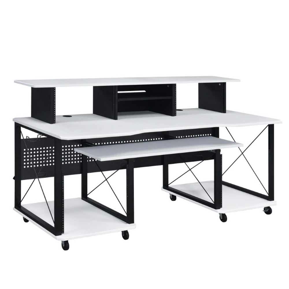 72 Inch Music Desk Workstation, Crossed Metal Panels, Keyboard Tray, White