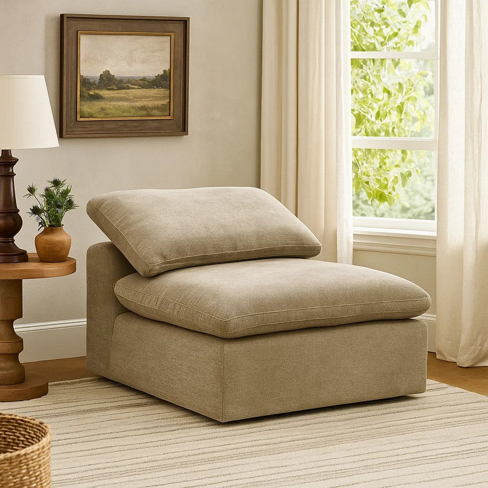 Scott 45 Inch Modular Armless Chair with Loose Pillow Back, Fabric, Beige