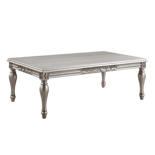 Sto 59 Inch Classic Coffee Table, Floral Trim, Turned Legs, Wood, Silver