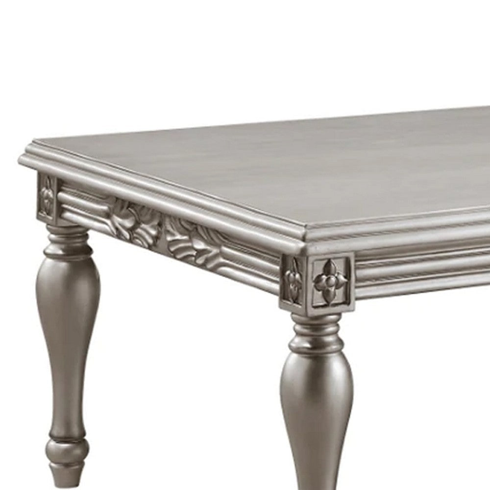 Sto 59 Inch Classic Coffee Table Floral Trim Turned Legs Wood Silver BM276227