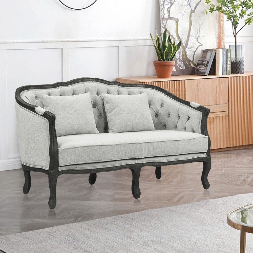 Cam 64 Inch Classic Loveseat, Button Tufted Fabric, Cabriole, Gray, Brown