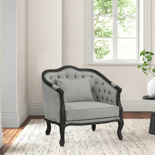 Cam 37 Inch Classic Accent Chair, Button Tufted Fabric, Gray, Brown