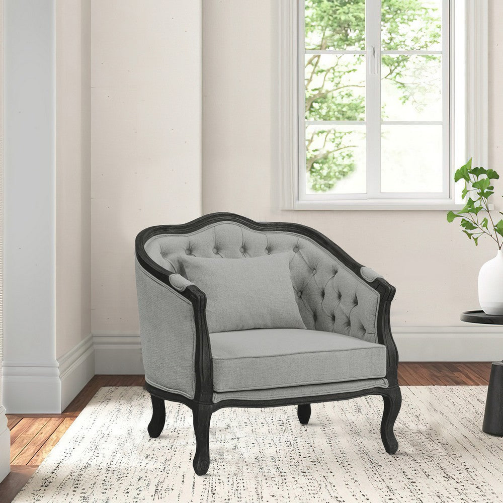 Cam 37 Inch Classic Accent Chair, Button Tufted Fabric, Gray, Brown
