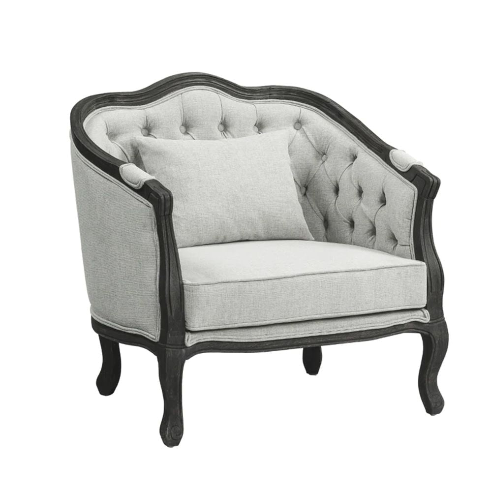 Cam 37 Inch Classic Accent Chair, Button Tufted Fabric, Gray, Brown