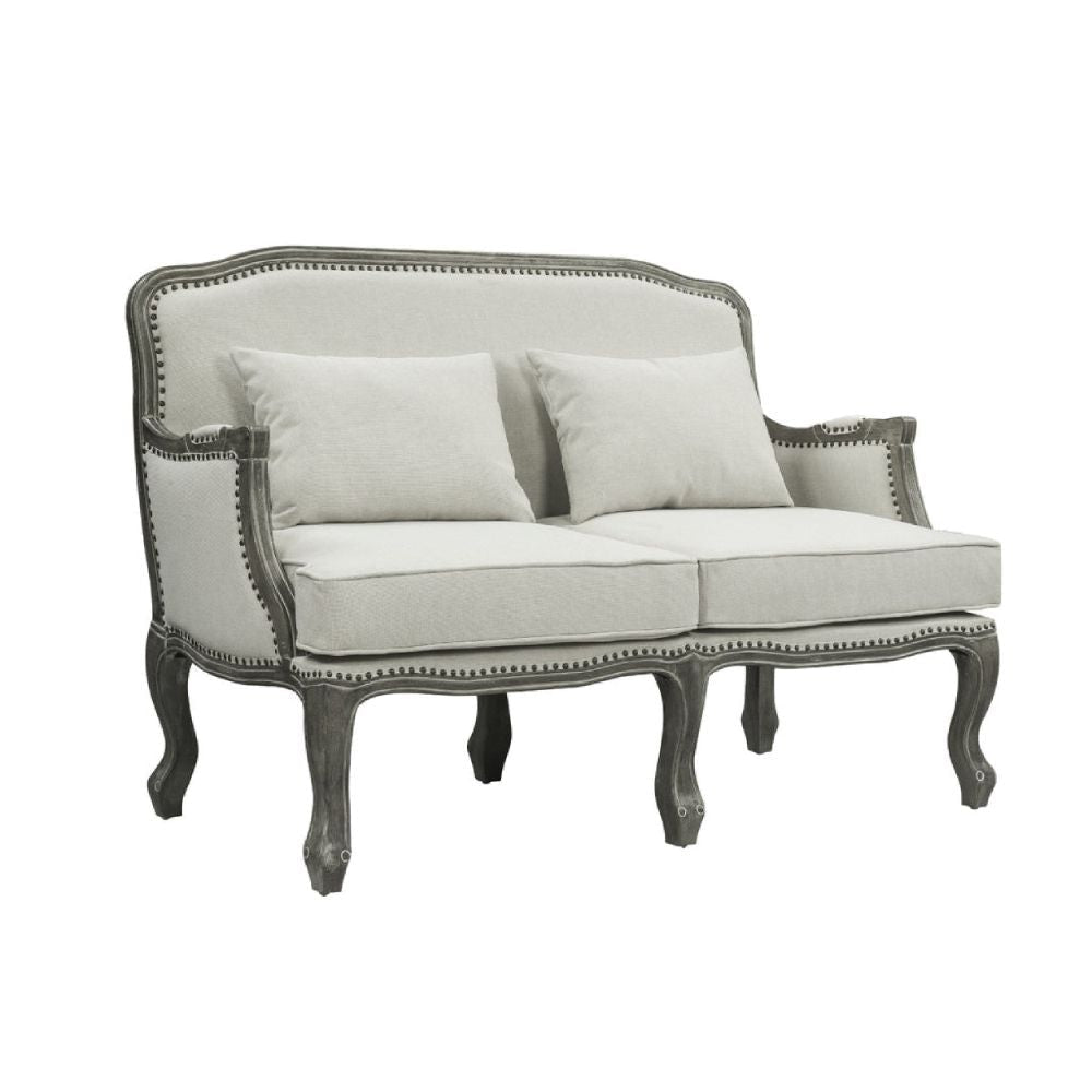 Warn 56 Inch Classic Sofa, Nailhead Trim, Box Cushion, Fabric, Cream, Brown