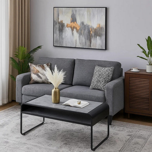 Ish 42 Inch Modern Coffee Table with Curved Edge Design, Wood, Gray, Black