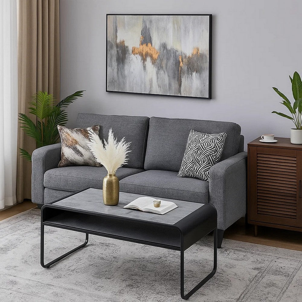 Ish 42 Inch Modern Coffee Table with Curved Edge Design, Wood, Gray, Black