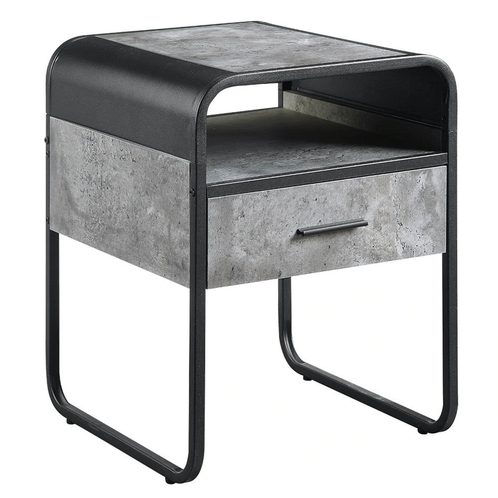 Ish 22 Inch Modern Wood End Table, 1 Drawer, Metal Handles, Gray , Black