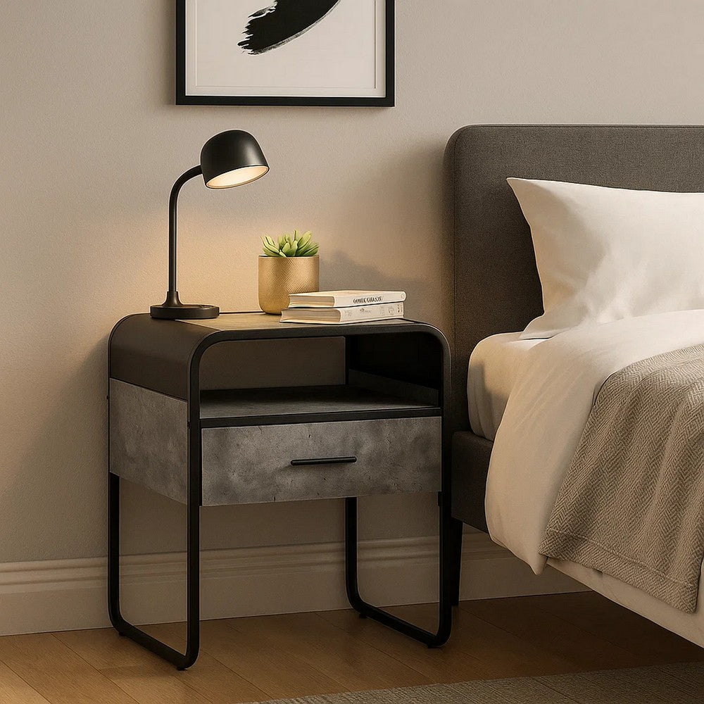 Ish 22 Inch Modern Wood End Table, 1 Drawer, Metal Handles, Gray , Black