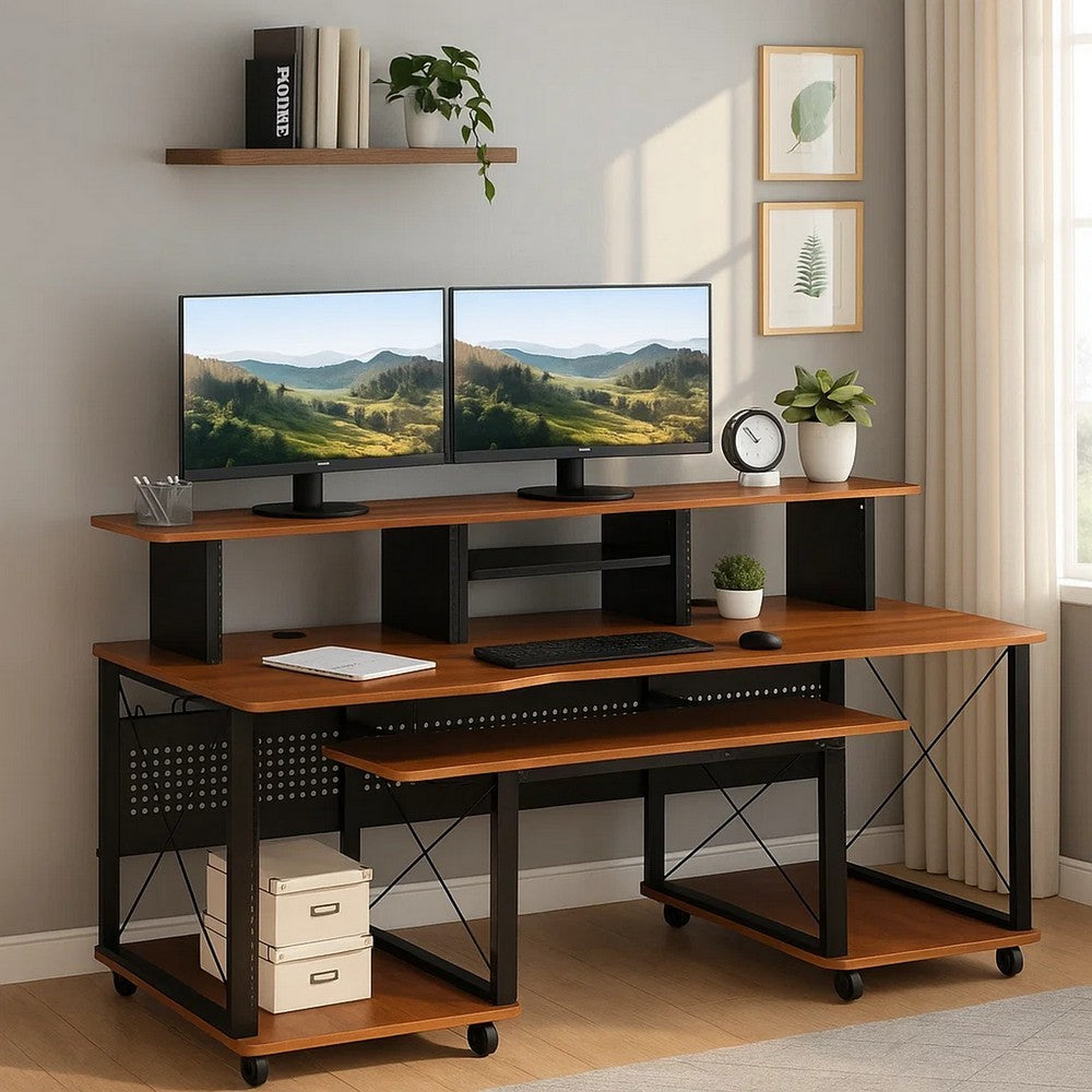 Mill 72 Inch Metal, Office and Writing Desk, Storage, Keyboard Tray, Brown