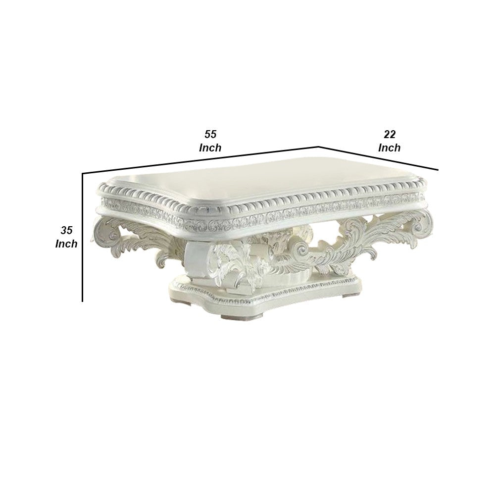 Kin 55 Inch Coffee Table Raised Scrolled Pedestal Ornate Motif White By Casagear Home BM276274