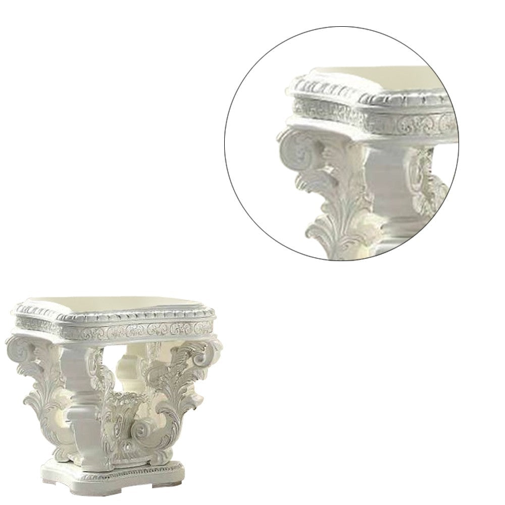 Kin 29 Inch Wood End Table Raised Scrolled Pedestal Ornate Motif White BM276275