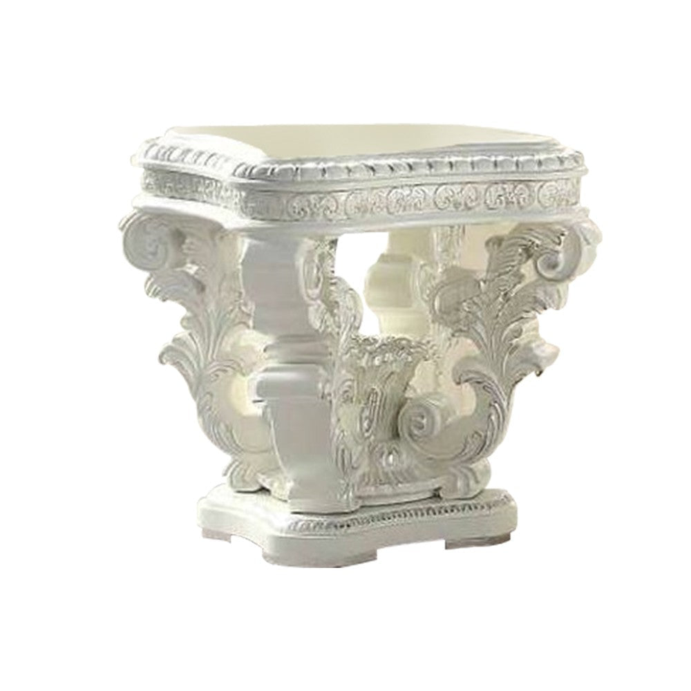 Kin 29 Inch Wood End Table, Raised Scrolled Pedestal, Ornate Motif, White