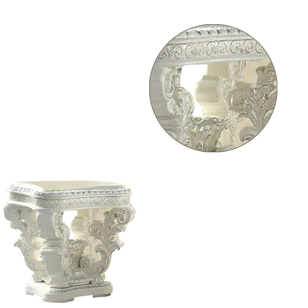 Kin 29 Inch Wood End Table Raised Scrolled Pedestal Ornate Motif White BM276275