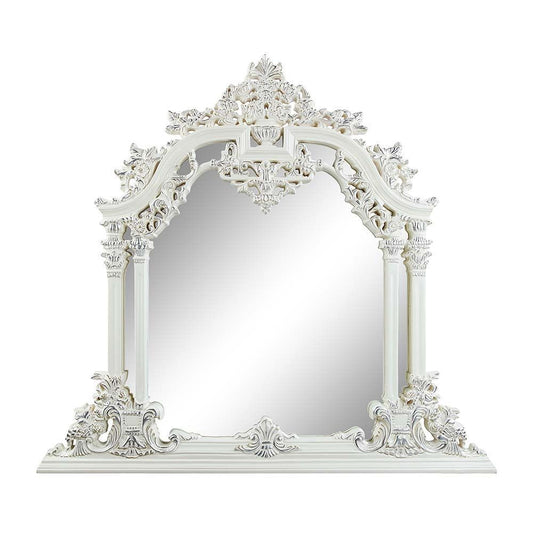 Kin 59 Inch Wood Mirror, Scrolled Ornate Carvings, Silver Trim, White