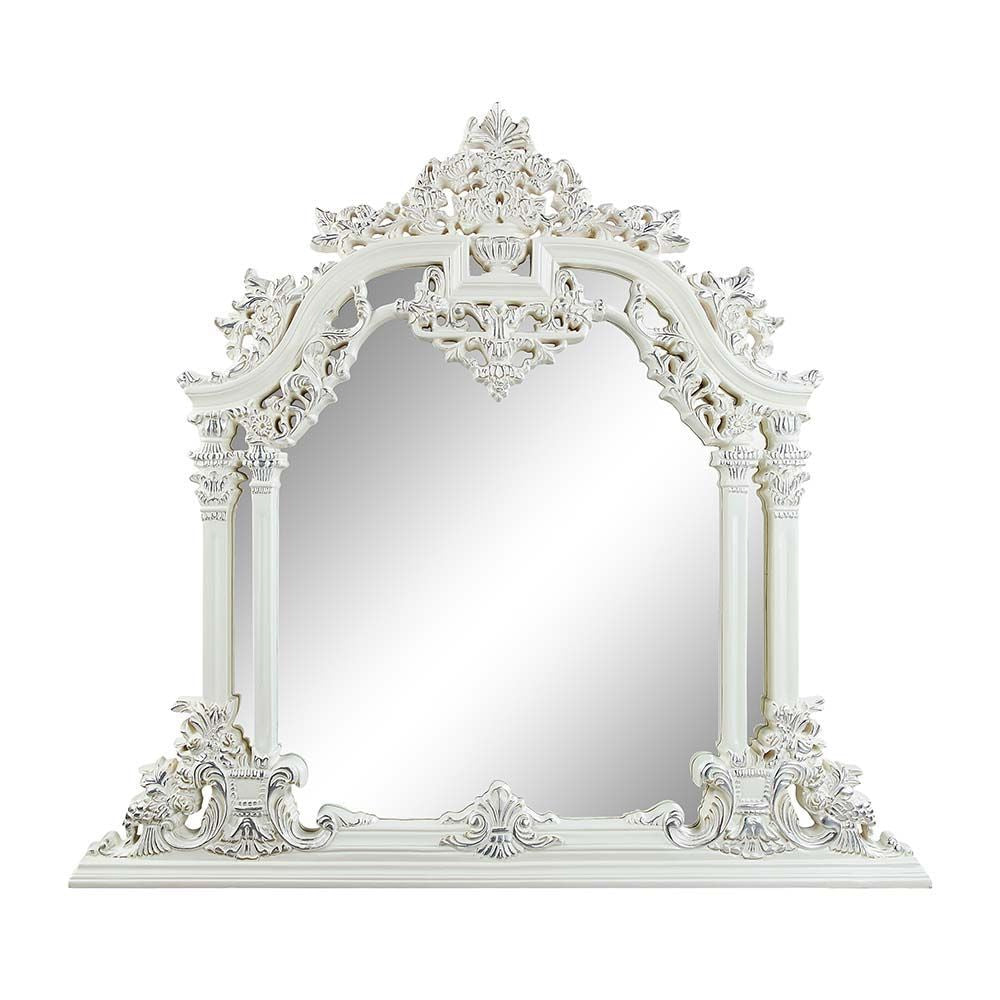 Kin 59 Inch Wood Mirror, Scrolled Ornate Carvings, Silver Trim, White