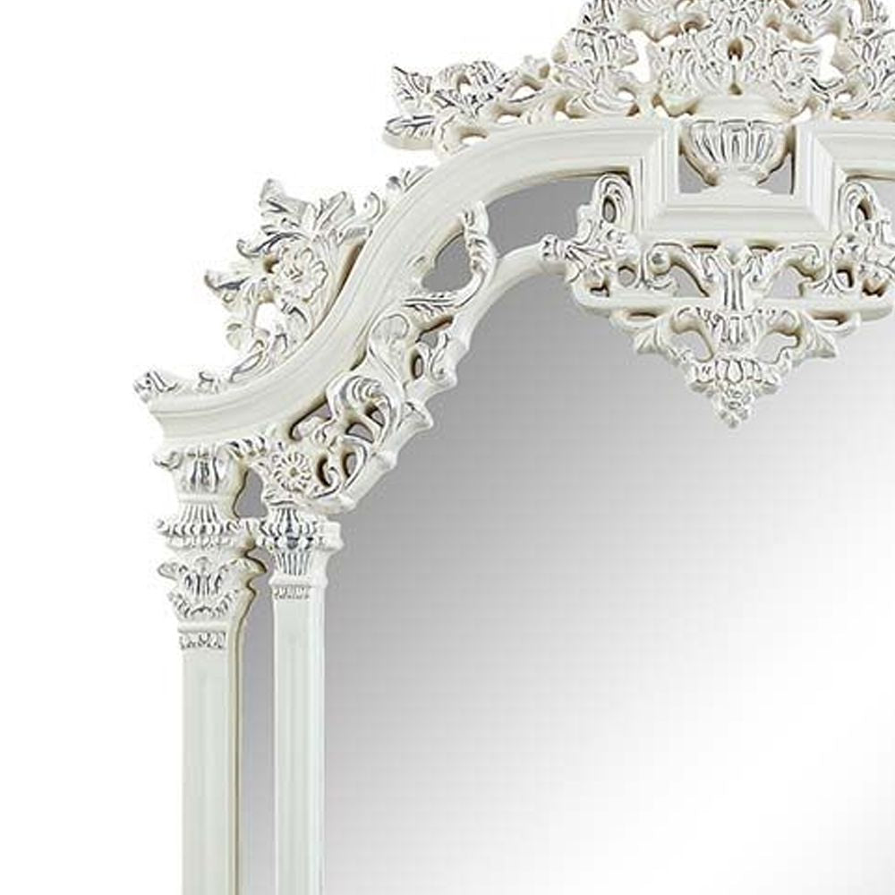 Kin 59 Inch Wood Mirror Scrolled Ornate Carvings Silver Trim White BM276278