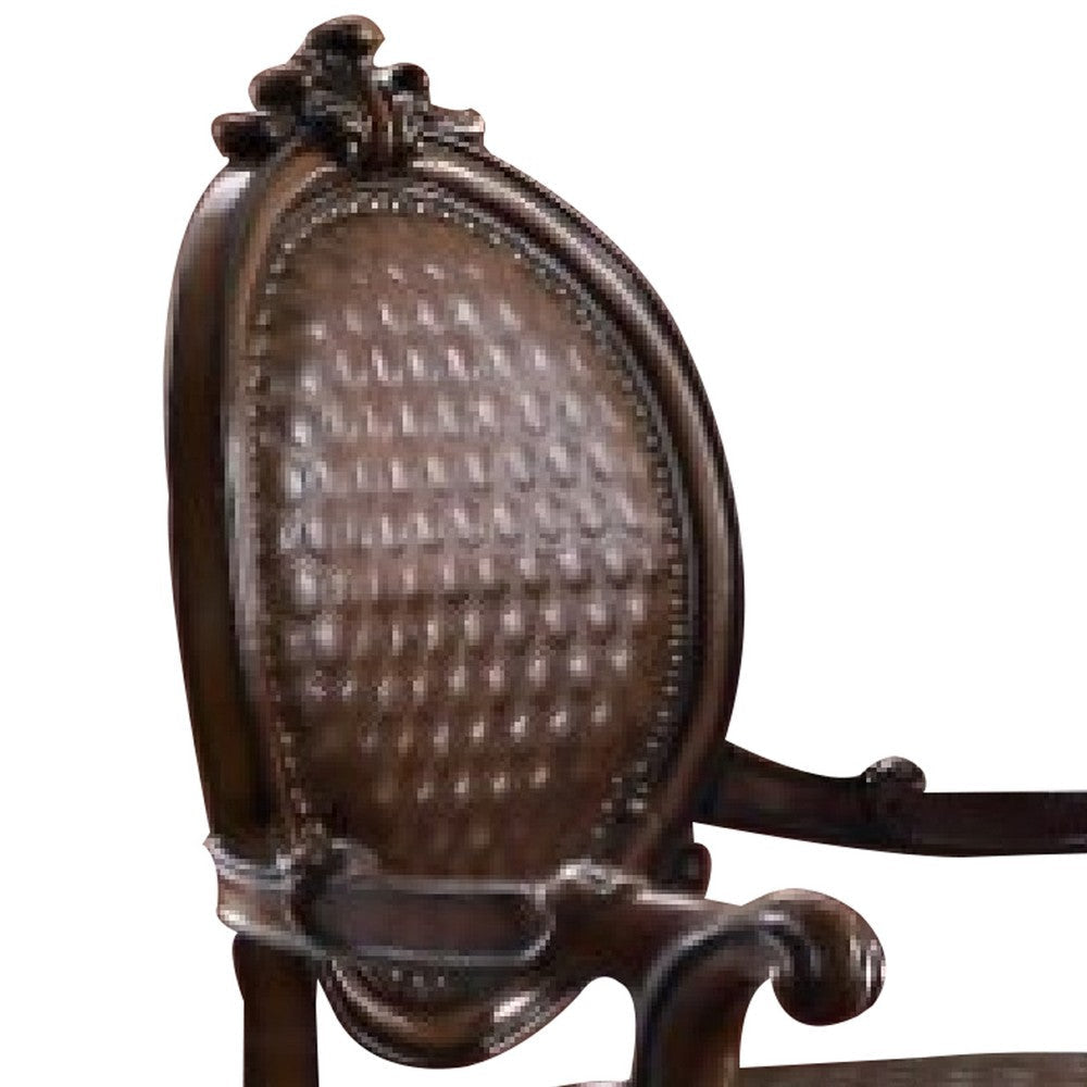 Kai 26 Inch Solid Wood Carved Armchair Rolled Arms Vegan Leather Cherry BM276283