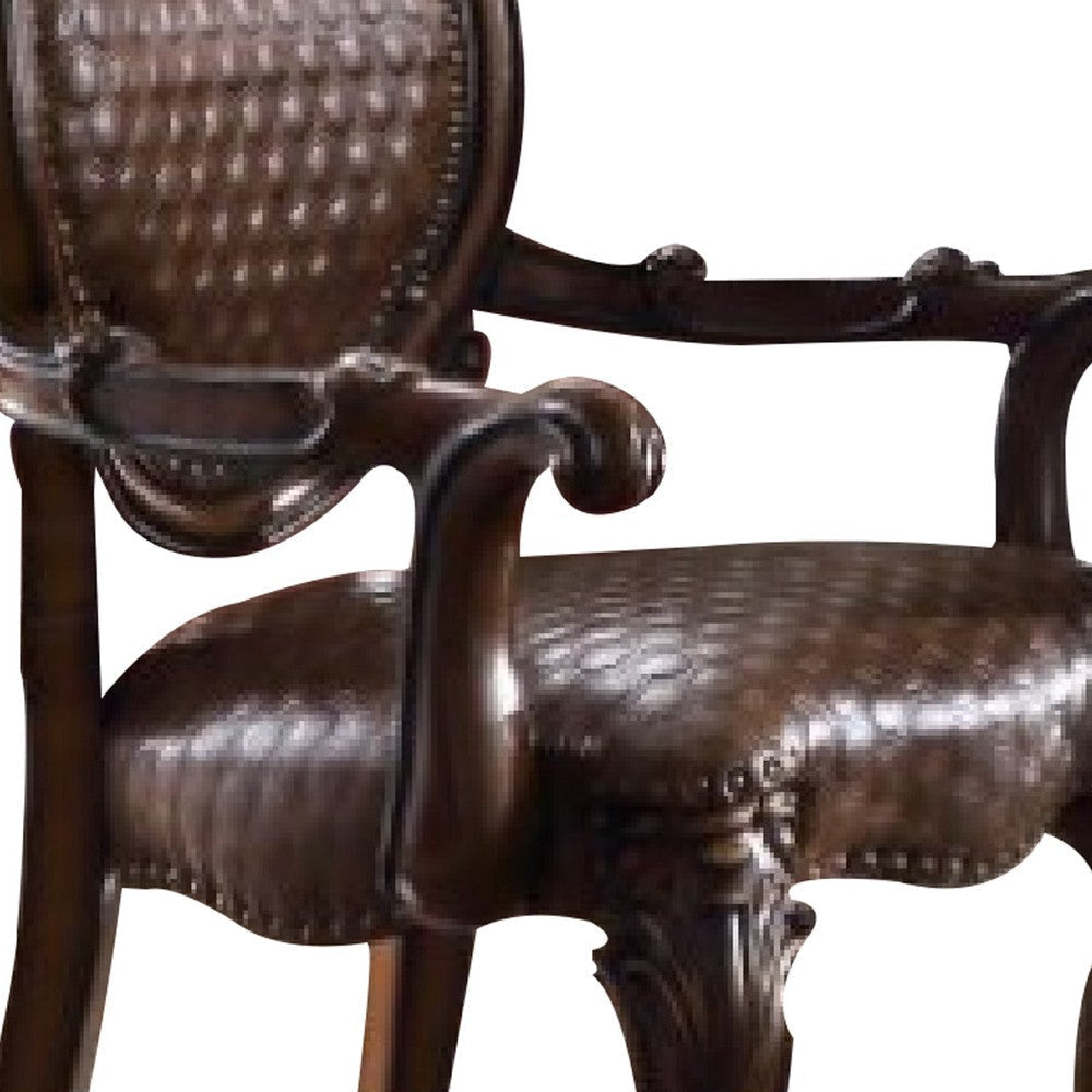Kai 26 Inch Solid Wood Carved Armchair Rolled Arms Vegan Leather Cherry BM276283