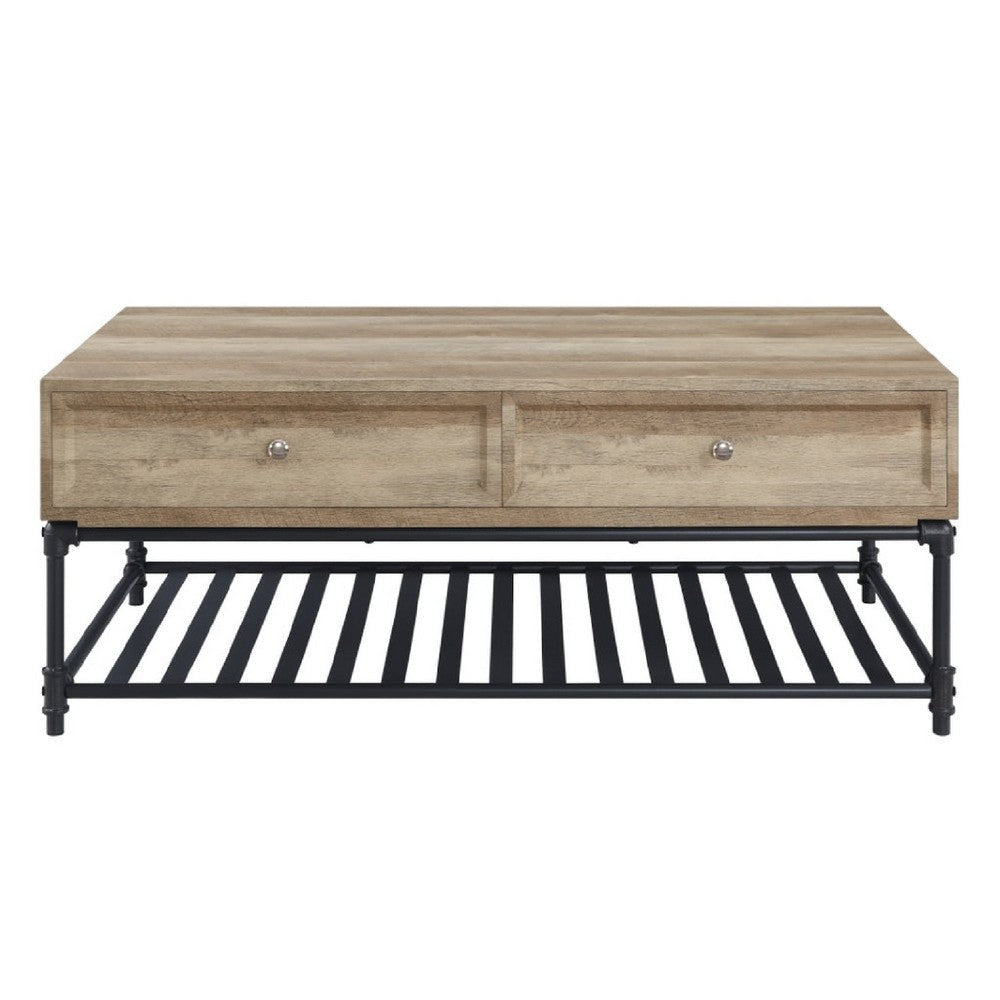Ley 47 Inch Coffee Table 2 Drawers Industrial Design Slatted Shelf Oak BM276287