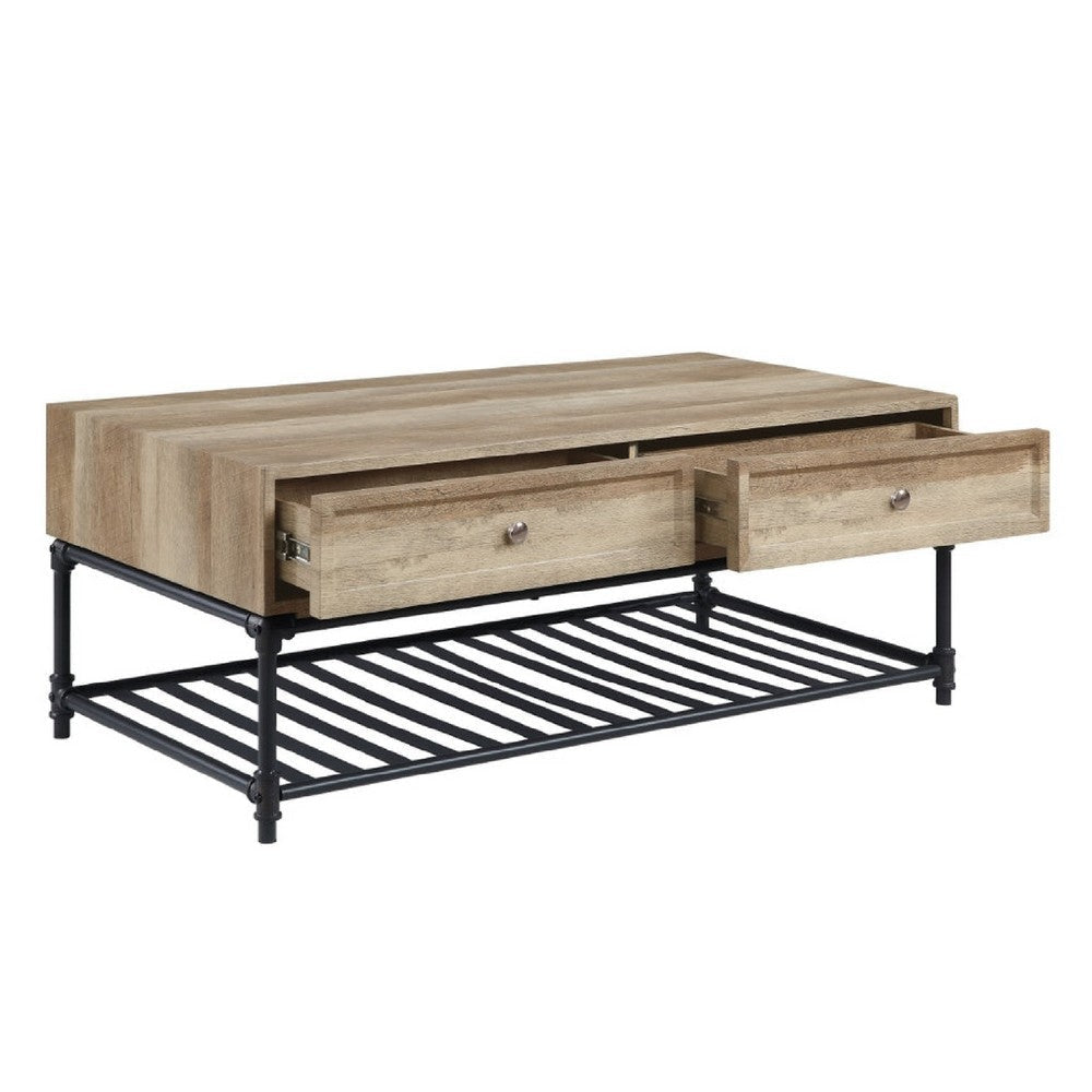 Ley 47 Inch Coffee Table 2 Drawers Industrial Design Slatted Shelf Oak BM276287