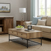 Ley 47 Inch Coffee Table, 2 Drawers, Industrial Design, Slatted Shelf, Oak