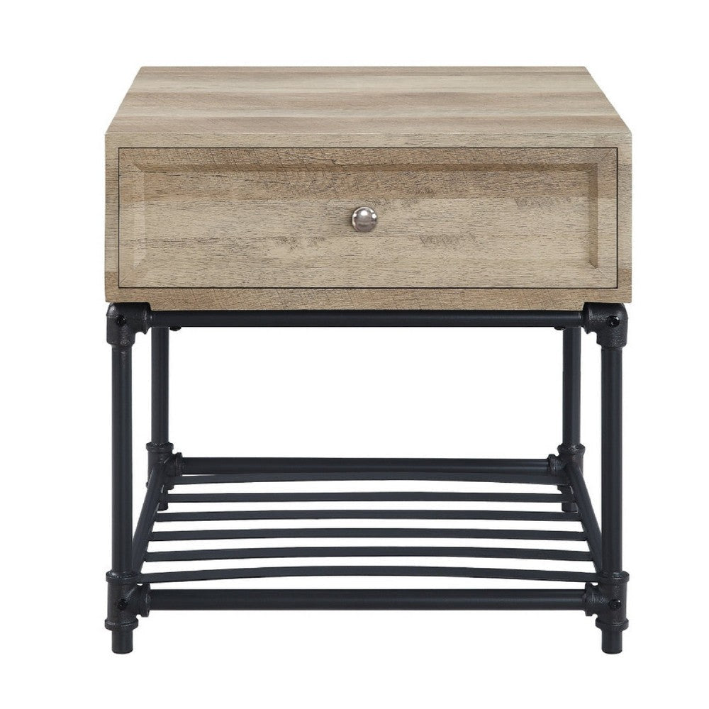 Ley 22 Inch End Table 1 Drawer Industrial Design Slatted Shelf Oak BM276288