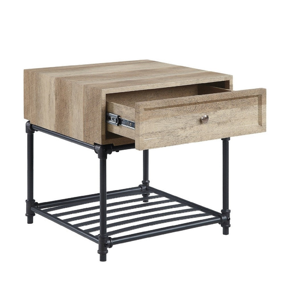 Ley 22 Inch End Table 1 Drawer Industrial Design Slatted Shelf Oak BM276288