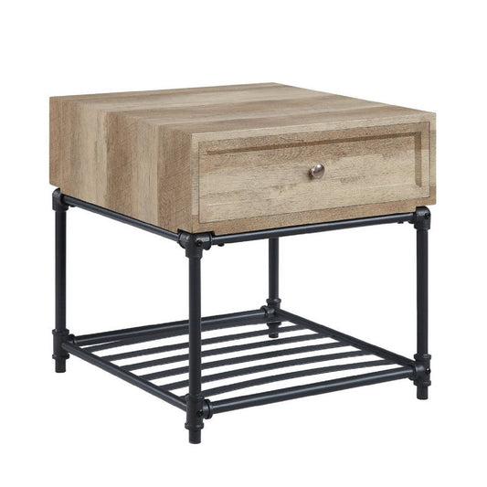Ley 22 Inch End Table, 1 Drawer, Industrial Design, Slatted Shelf, Oak