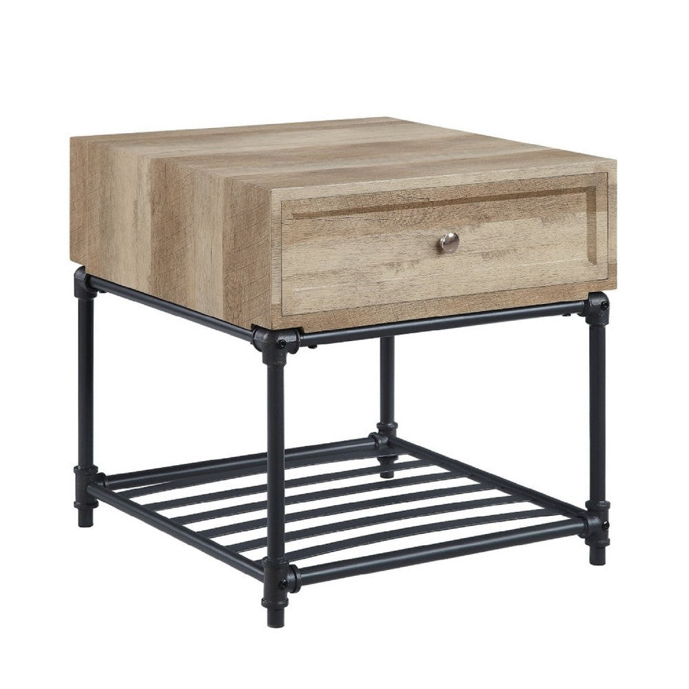 Ley 22 Inch End Table, 1 Drawer, Industrial Design, Slatted Shelf, Oak