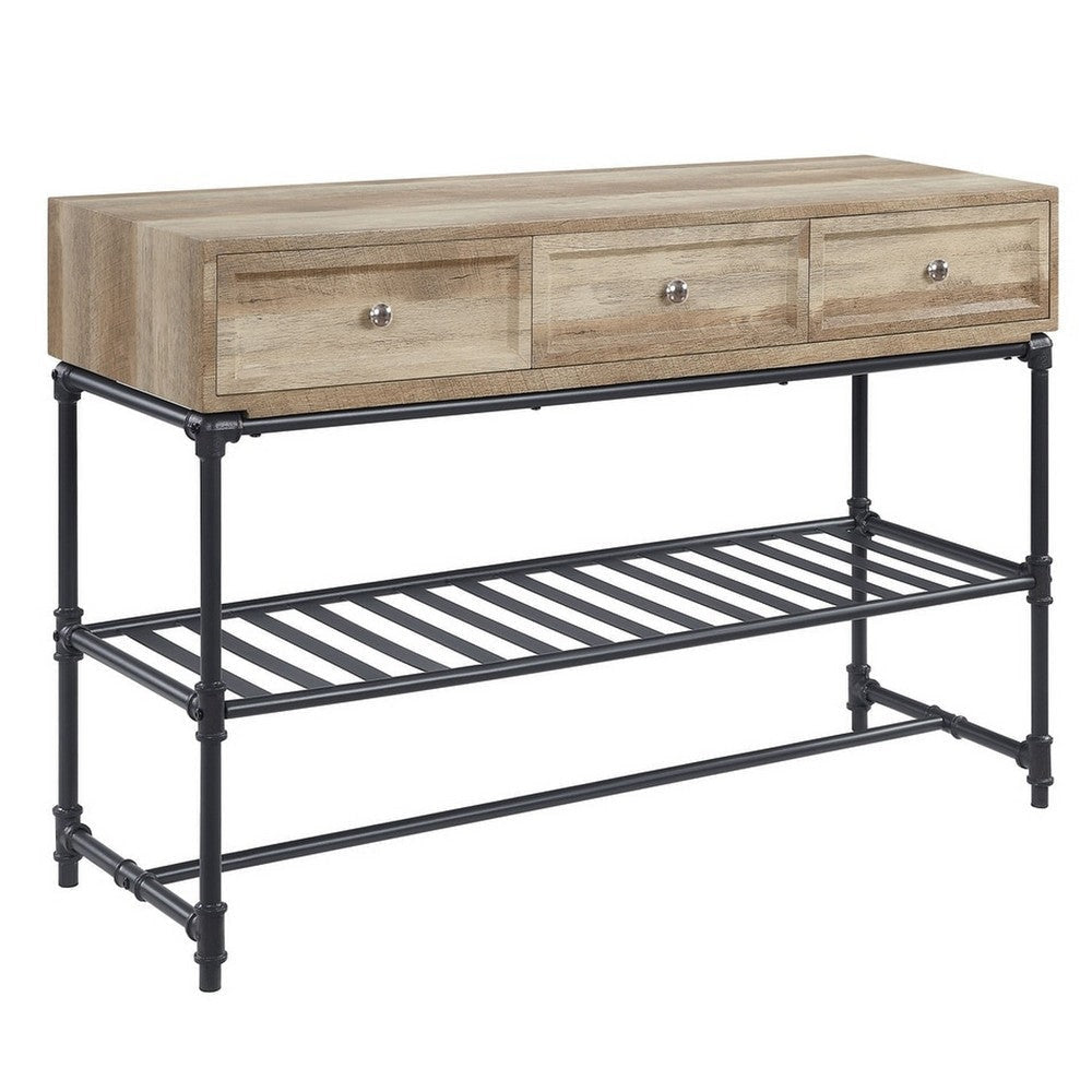 Ley 47 Inch Wood Sideboard Console Sofa Table, 3 Drawers, Industrial, Oak