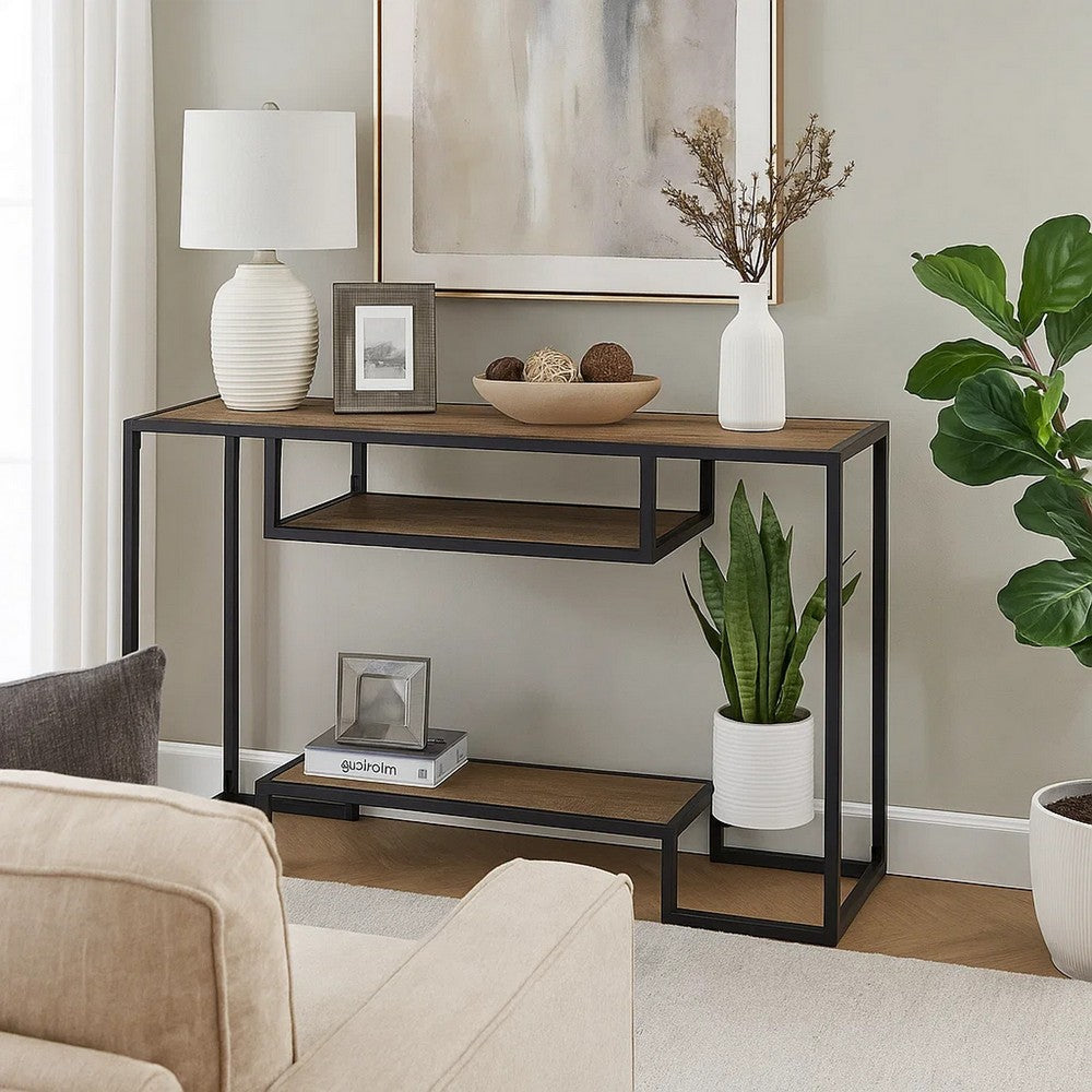 Lea 48 Inch Wood Sideboard Sofa Table, Grain Details, Metal, Rustic Oak
