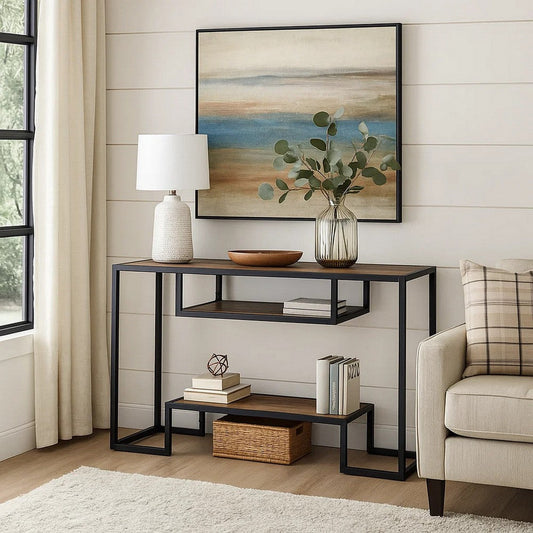 Lea 48 Inch Wood Sideboard Sofa Table, Grain Details, Metal, Rustic Oak