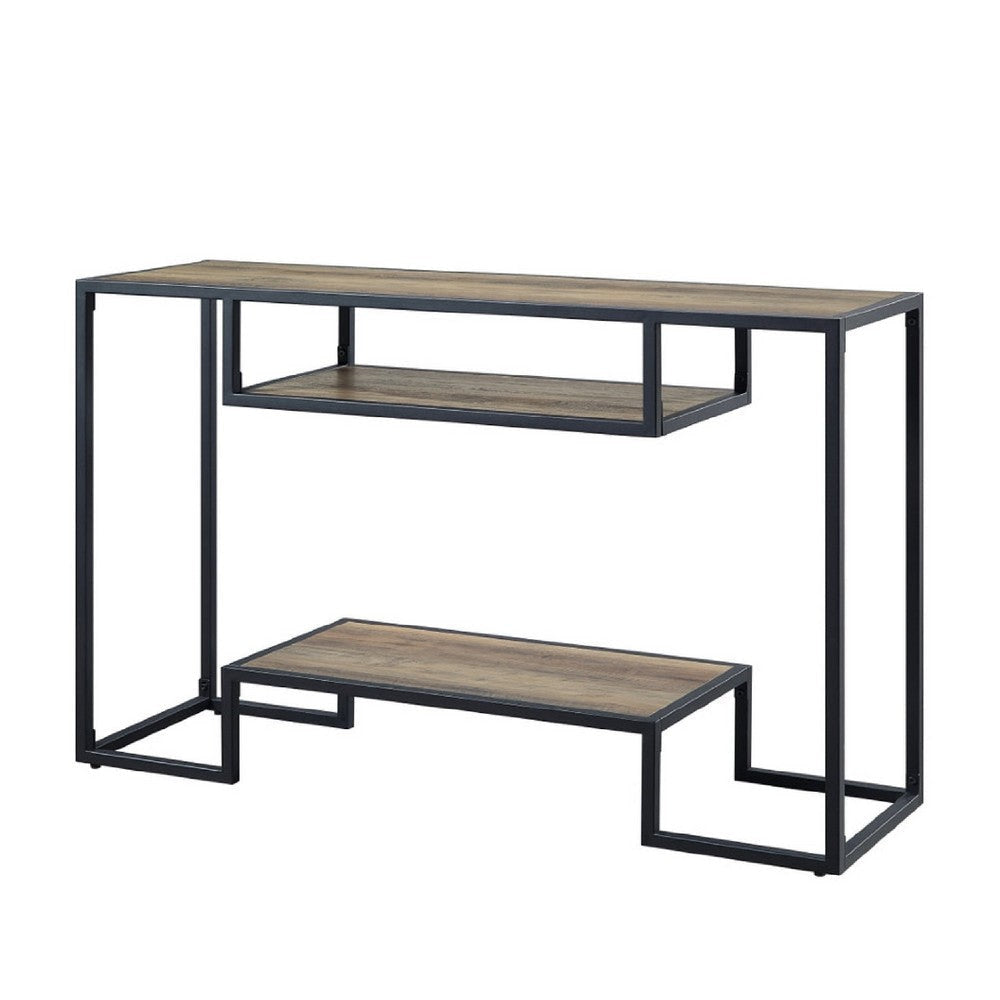 Lea 48 Inch Wood Sideboard Sofa Table, Grain Details, Metal, Rustic Oak
